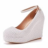 QZMX Damen Ivory Pearl Brautschuhe Plateau Pumps mit Keilabsatz Hochzeitsschuhe Fesselriemen Prom Party Schuhe,EU 37,White