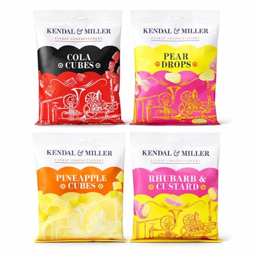 Kendal & Miller Traditional British Sweets 4 Pack Pear Drops Cola Cubes Rhubarb & Custard Pineapple Cubes Retro Boiled Sweets Gift Set Vegetarian 4 x 150g Bags