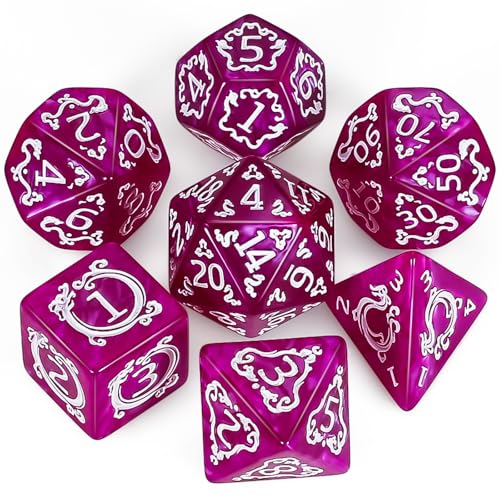 QMAY, Set di dadi poliedrici per Dungeon e Dragons MTG RPG D&D D20, D12, D10, D%, D8, D6, D4 (Motivo Drago Rosa) - 7 Pezzi