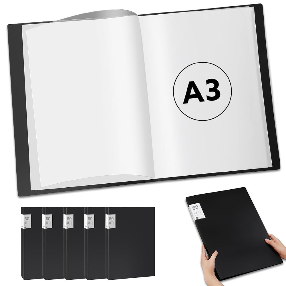 A3 Display Book Project Folder, 60 Pockets Presentation Portfolio Folders, A3 Report Document File Organiser Holder for Documents Certificates Receipts - Black