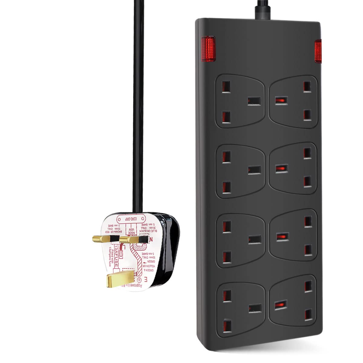 8 Way Extension Lead 13A Fused Power Strips UK Plug with Indicator Light (1M, Black)