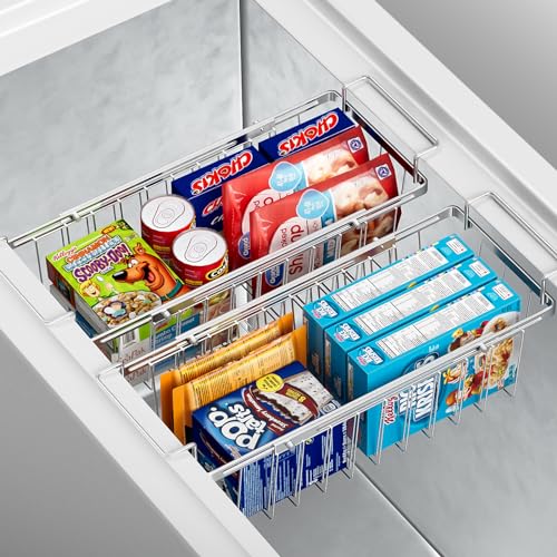 Orgneas Freezer Baskets for Chest Freezer, Capacity Expandable Deep Freezer Organizer Bins Adjustable From 16.5\" to 26.5\" Stainless Steel Wire Basket Storage with Hanging Handles