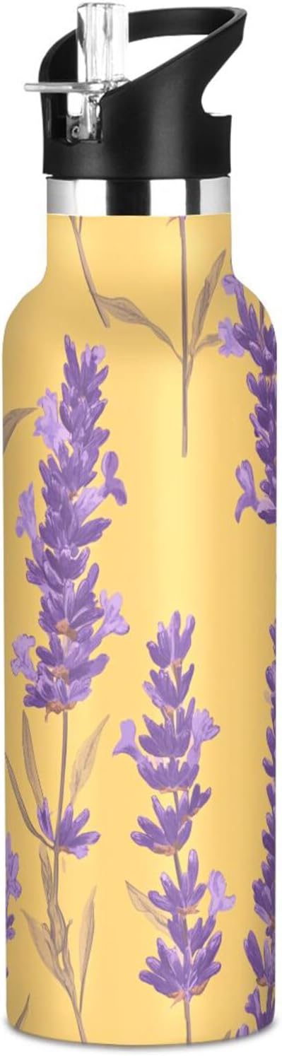 Botella de agua aislada con pajilla, doble pared aislada al vacío, ligera para deportes, viajes y escuela, color amarillo lavanda único
