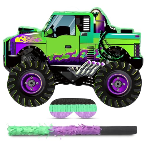 Threan Monster Truck Party Decorations Green and Purple Monster Truck Piñata Racing Car Piñata Game with Stick Blindfold for Adults Cool Birthday Party Decor Supplies
