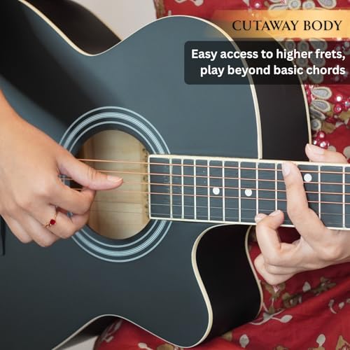 Image of Henrix Basswood PRO 40C 40-Inch Cutaway Acoustic Guitar With Dual Action Truss Rod, Gigbag, Picks, String Set, Strap, Cloth & Ebook - Black