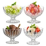 FresDécor 8 oz Glass Dessert Cups Set of 4, Vintage Footed Ice Cream Bowls with 4 Unique Patterns, Clear Parfait & Pudding Dishes