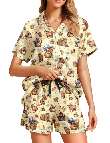 Image of Women's Pajama Sets Funny Pajamas for Women Set Comfortable 2 Piece Button Down Tops & Shorts Sleepwear Short Sleeve