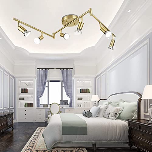 Jqire 6-Light Led Track Lighting Kit,Golden Finish 6 Way Ceiling Spotlight,Rotatable Light Heads,Modern Foldable Track Light Fixtures,Included 6 X Led Gu10 Bulb (4W, Daylight White 5000K,400Lm) #TOP5