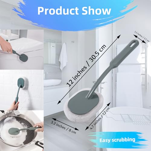 Image of Long Handle Sponge Scrub Bathroom Brush, Sponge Cleaning Brush with Handle Large Wall Scrubber Shower Long Handle Brushes for Tableware, Kitchen, Toilet, Bathroom Cleaning Tool Accessories Gray-Green