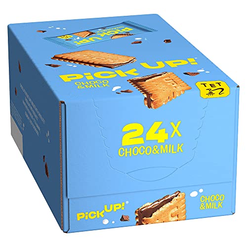 PiCK UP! Choco&Milk (24 x 28 g), Keksriegel mit knackiger Milchschokolade und Milchcreme zwischen zwei Keksen, der Snack für unterwegs, Thekenaufsteller mit 24 Stück
