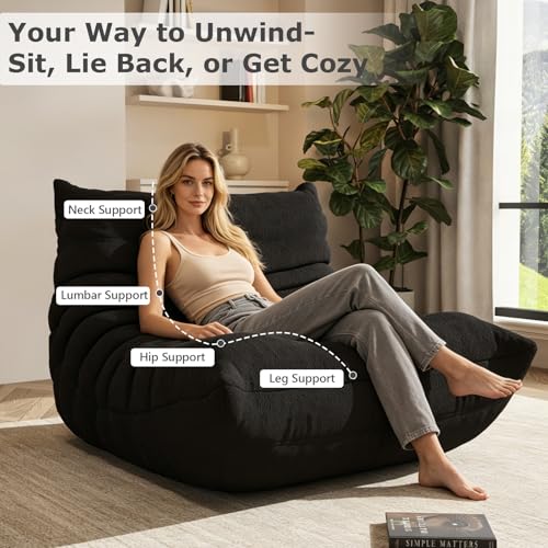 Image of Giant Bean Bag Chair for Adults，Comfy Single Floor Fireside Chair with Memory Foam,Cozy Accent Sofa Couch Boneless Chaise Loungefor Small Room Living Room Bedroom Gaming Room(Black, Single)