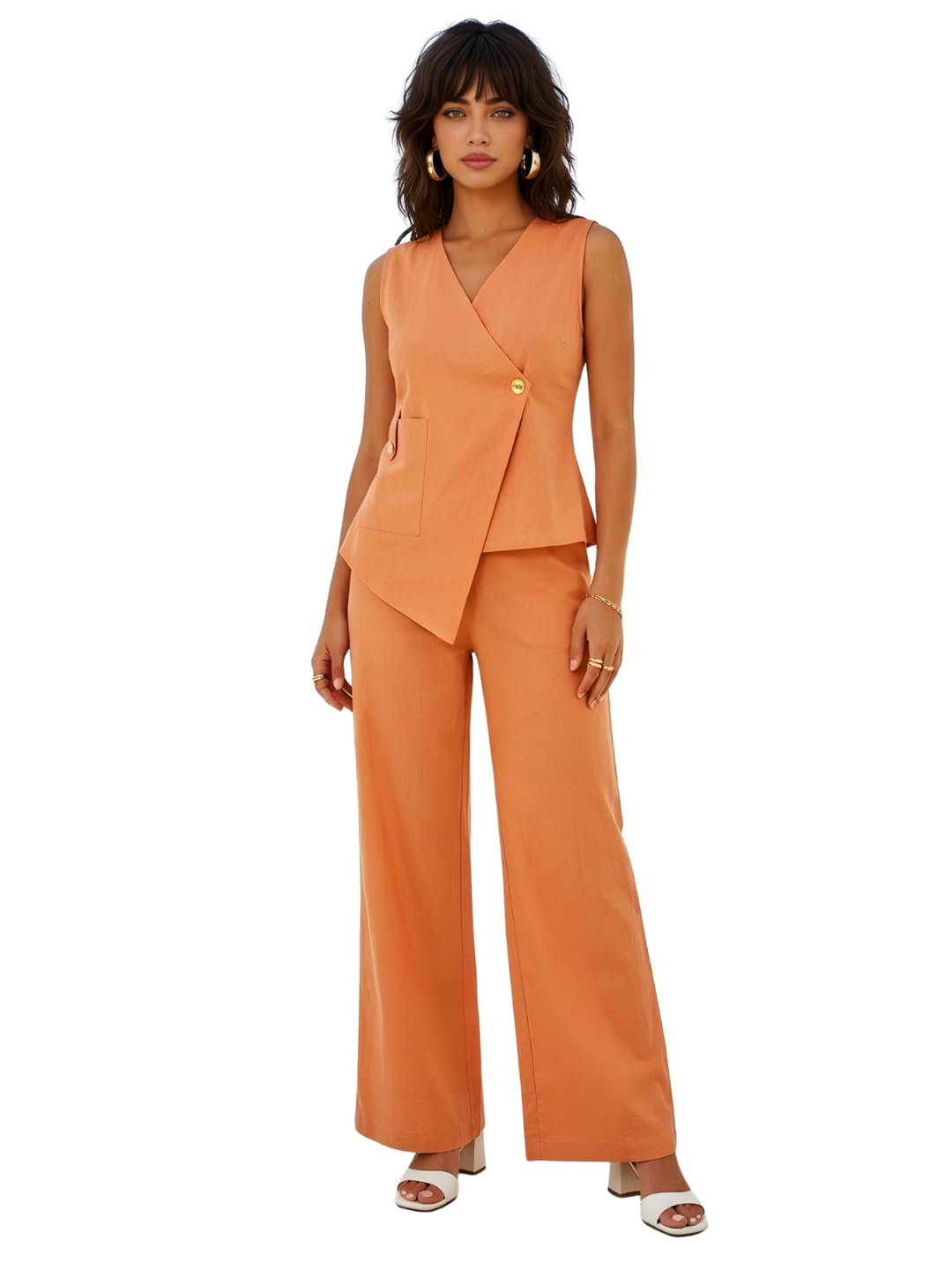 Women's 100% Pure Cotton Maroon Asymmetric Vest Co-ord Set with Button Detailing | V-Neck Sleeveless Wrap Top with Trousers & Pockets | Comfortable Co-ord for Office, Casual-picture-21