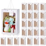 Yahenda 24 Pcs Valentine's Day Gift Bags with Clear Window 13.8 x 9.8 x 5.9 Large Transparent Paper Bouquet Totes Bags with Handle for Wedding Birthday(White)