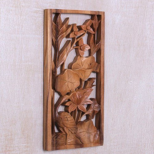 Novica Natural Wood Carved Relief Panel Heron And Flower Wall Sculpture, Heron Pond', Brown #TOP1