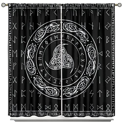 Viking Art Curtains,Ancient Rune Totem Norse Mythology Blackout Window Drapes,Black White Mystical Geometric Norse Window Treatment for Living Room Kids Boys Bedroom 55x63in