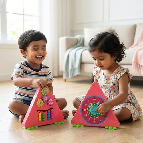 Image of FLYI 3-in-1 Activity Triangle Learning Clock for Kids | STEM Montessori Toy with Spin Gears and Bead Logic Game | BIS Certified Educational Toy, 2+ Years (Pink)