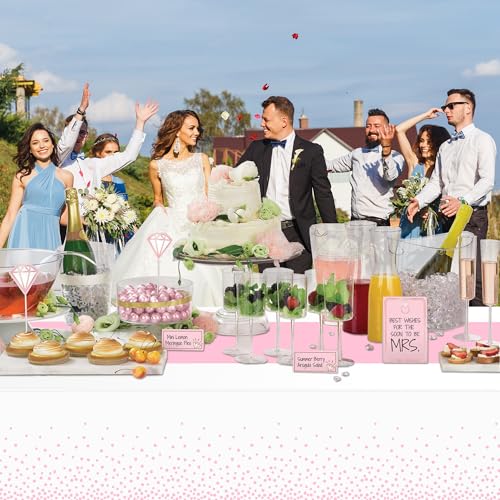 Image of WNINK 4 Pack White and Light Pink Tablecloths, Light Pink Disposable Plastic Waterproof Table Cover, 54 inch x 108 inch, for Birthday, Baby Shower，Wedding, Bridal Shower, Picnic Camping Parties