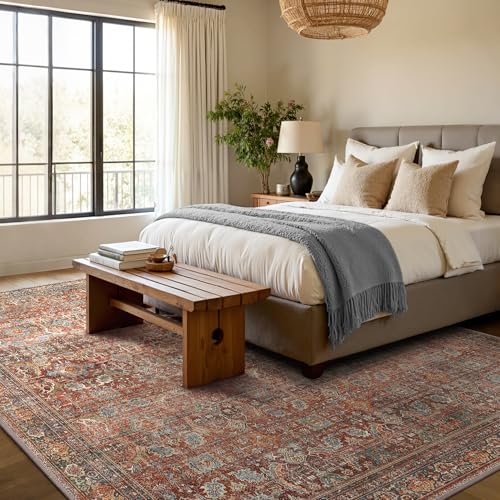 GENIMO 9x12 Area Rugs for Living Room, Machine Washable Non Slip Vintage Rugs, Low Pile Lightweight Chenille Print Rug for Bedroom, Dining Room, Home Office, Terracotta Indigo