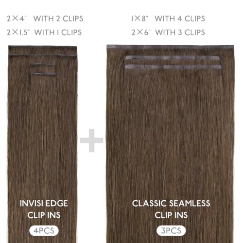 Image of WENNALIFE Invisible Edge Seamless Clip in Hair Extensions Real Human Hair | 20'' 150g 7pcs Light Ash Brown. Ultra-Thin PU Weft, Easy, Comfortable Clip in Luxury Remy Hair Extensions