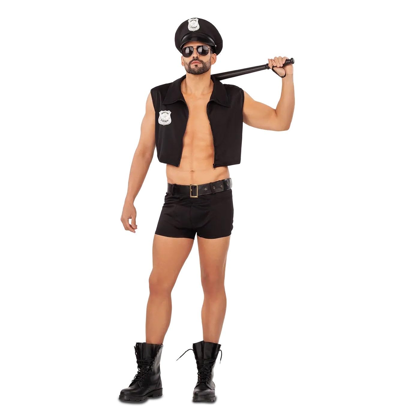 My Other Me - Disfraz Policía Hombre. Incluye sombrero con insignia plateada, camisa sin mangas con placa, cinturón y pantalón bóxer negro. ¡Atrapa todas las miradas!