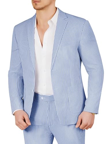 WEEN CHARM Men's 2 Piece Slim Fit Pinstripe Seersucker Suit Lightweight Breathable for Beach Wedding Summer Formal
