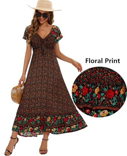 Image of Summer Floral Smocked Maxi Dress for Women 2026 Casual Flowy Tiered A Line Boho Beach Party Long Dresses with Short Sleeve