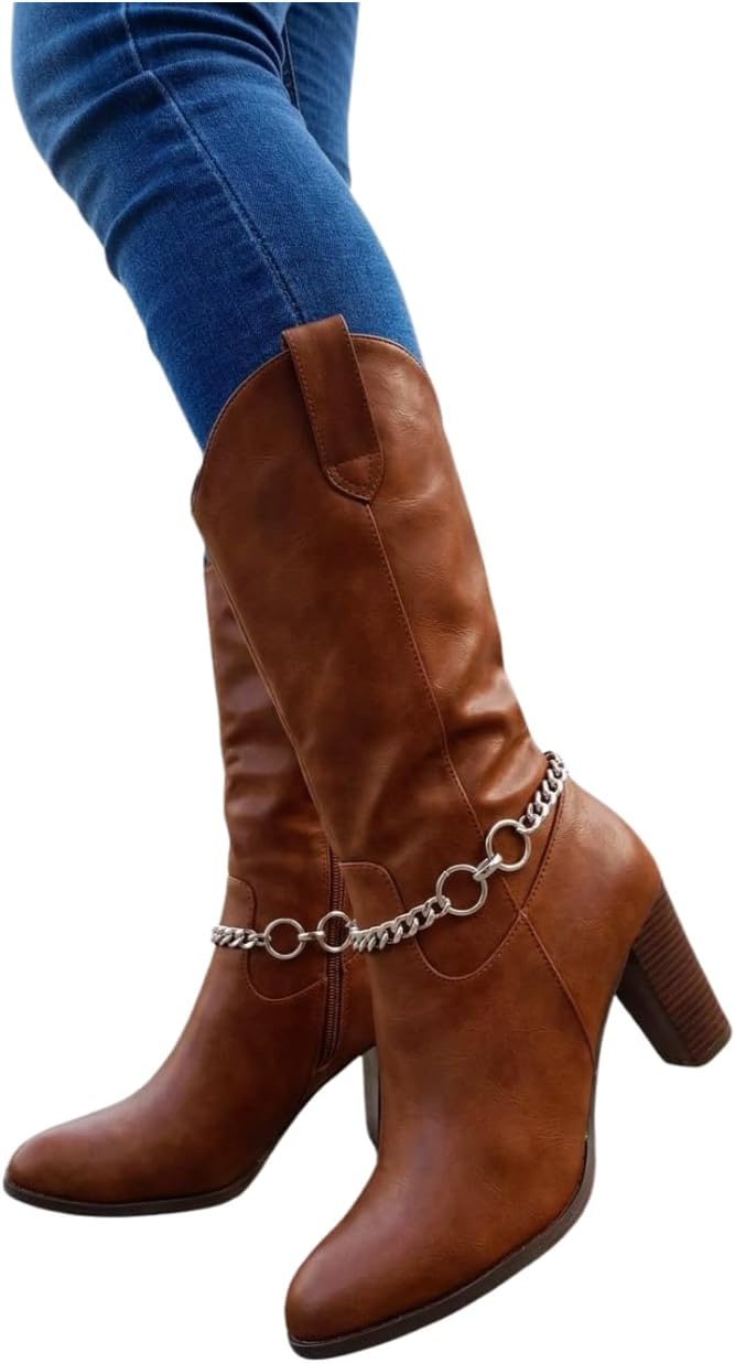 Trendy Fashion Jewelry Women's 2PCS Western Boot Chains Metal Bling Bracelet Anklet Circle Round 2 Rings Charm Silver SET BC129