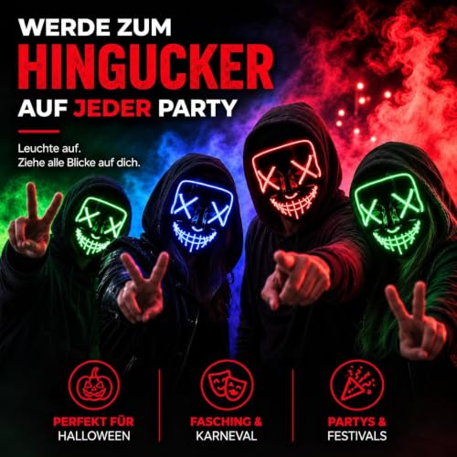 LED Purge Maske - Kostümmaske steuerbar für Halloween, Fasching & Karneval als Kostüm für Herren & Damen (Farbauswahl) (blau/rot) – Ansicht 2