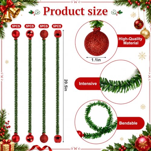 40 Pcs 20" Christmas Garland Ties with Red Balls, Twist Ties Garland Hanger | Flexible Pine Needles Garland Twist Ties Decor with Bells for Banister Stairs Railing Xmas Trees Holiday Decor Gift Wrapping - image 2