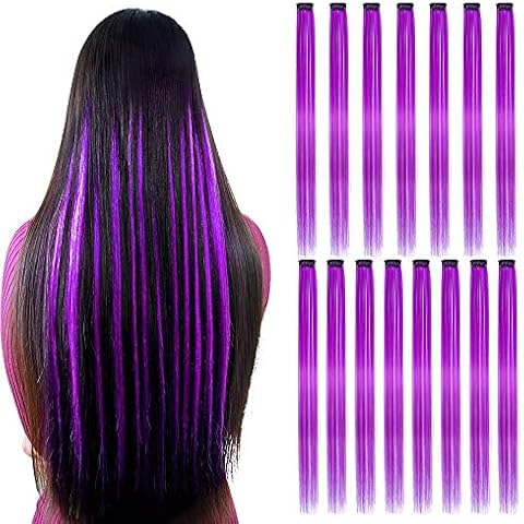 15Pcs Color Straight Hair Extensions Clip in 20 Inch Purple Synthetic Clip in Hair Extensions Party Highlights Synthetic Clip in Long Hairpiece for Women Girls Kids Gift Purple Cover