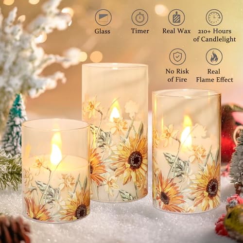 Image of MELTONE Fall Sunflower Flameless Candles with Remote Timer Real Wax Flickering Battery Operated Glass Candles - Home Party Bedroom Birthday Christmas Autumn Decorations