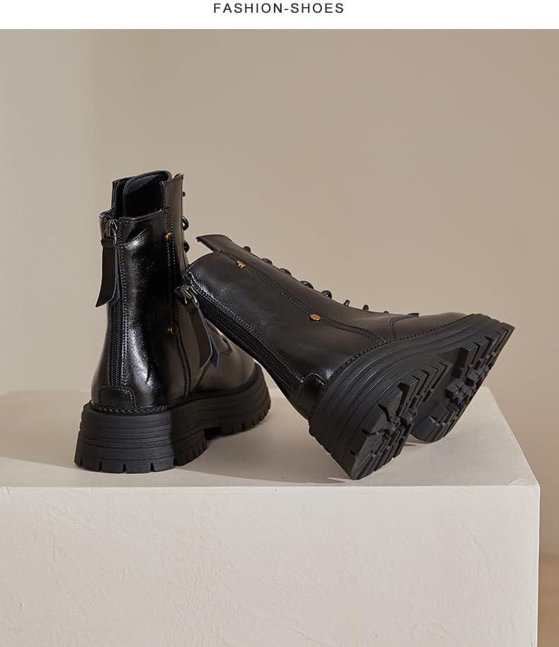 Women's Platform Combat Boots, Lace Up Ankle Boots, Vintage British Style, Genuine Leather, Chunky Sole Boots - Image 7