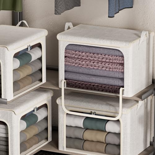 Chizjox 4 Pack Clothes Storage Bins with Metal Frame - 66L Stackable Storage Box with Lid，Foldable Storage Container Organizer for Clothes，Linen Fabric Storage Box with Clear Window＆Zippers＆Handles — view 5