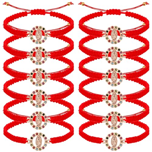 6Pcs/12Pcs Rhinestone Virgen de Guadalupe Bracelet Handmade Adjustable Red Rope Religion Protection Bracelet for Women Friendship Prayer Bracelet