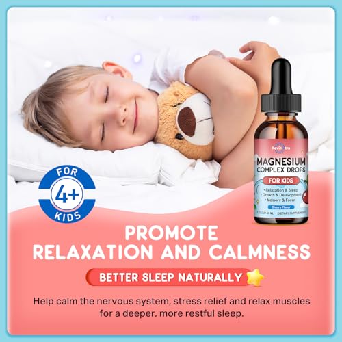 Image of (2 Pack) Magnesium Glycinate Liquid for Kids, Kids Magnesium Liquid Drops Supplement with L-Theanine, Calcium, Zinc, Vitamin D3 K2 for Sleep Calm Relaxation Brain Bones Focus, Cherry Flavor 4 Fl Oz