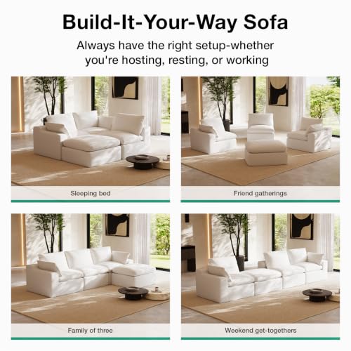 Image of Novilla 133.8 inch Modular Cloud Couch, Modern Sectional Sofa with Smarts Coil Support, Chenille Fabric, Upholstered Couch for Living Room Apartments Bedroom, No Assembly, 4 Seater + 2 Ottoman, White