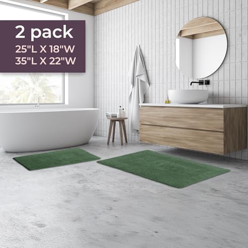 Bathroom Rugs - 2-Piece Cotton Bathroom Mat Set - Machine Washable Bath Mats for Bathroom, Kitchen, or Laundry Room by Lavish Home (Green)