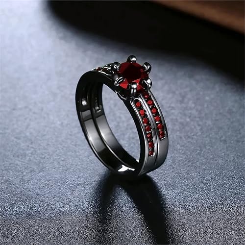 Fashion Couple Rings Red Rhinestones CZ Women Rings Set Men Stainless Steel Zirconia Ring Wedding Band Jewelry-N034