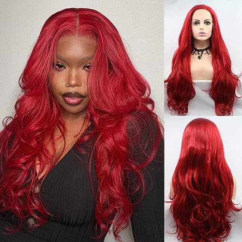 Angle Lucky Red Lace Front Wig Long Wavy Hot Red Natural Hairline Free Part Wig Synthetic Heat Resistant Fiber Cosplay Party Makeup Wigs for Girls Women 24 Inch