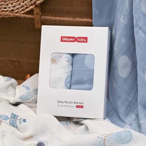 Image of GLLQUEN BABY Muslin Swaddle Blankets Breathable Receiving Blankets (35 inch x 40 inch) 2-Pack Soft Baby Blankets for Girls and Boys Newborn Essentials Muslin Burp Cloths Swaddle Wrap Baby Gift(Astronaut)