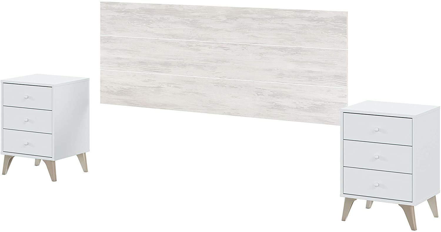 Mobelcenter, Conjunto Dormitorio Matrimonio Sweet, Color Blanco Artik y Blanco Velho, Cabezal para Camas de 135 y 150 cm, 2 Mesitas de 3 cajones y Cómoda de 4 cajones (P0029)