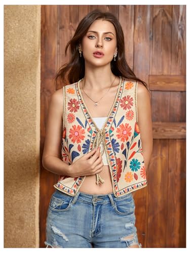 GORGLITTER Women's Tie Front Vest Top Country Concert Western Cowgirl Outfit Floral Vest3