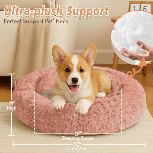 Image of JOLLYVOGUE Calming Dog Bed Medium Size Dog, Anti-Anxiety Donut Medium Pet Bed, 27 inches Fluffy Faux Fur Round Cat Bed (Peach Pink)