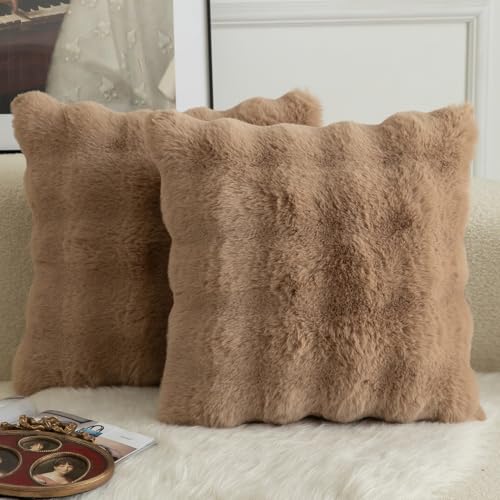 Image of MANDIOO Pack of 2 Thick Plush Wool Decorative Throw Pillow Covers Super Soft Wave Bubble Fur Velvet Cushion Covers Pillow Shams for Couch Bed Living Room 16x16 Inch Camel