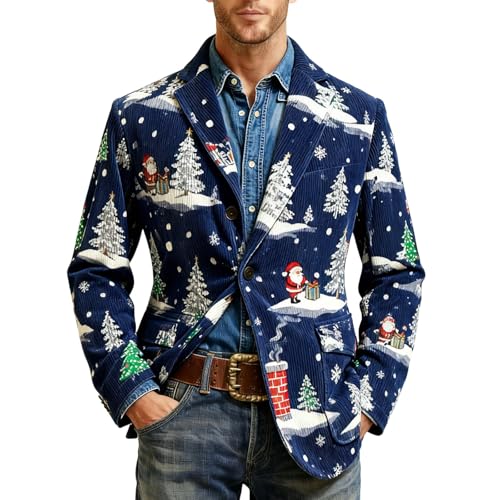Christmas Suit Jacket for Men Vintage Xmas Print Corduroy Blazer Slim Fit One Button Fashion Casual Christmas Sports Coat Trendy Winter Clothing