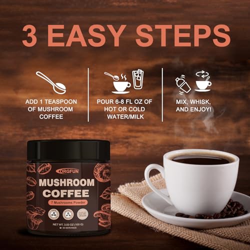ORGFUN Premium Mushroom Coffee with 7 Superfood Mushrooms, Great Tasting Arabica Instant Coffee, Includes Chaga, Lion's Mane, Reishi, Cordyceps, Maitake, and Turkey Tail, Shiitake 3.53 Oz - Image 6