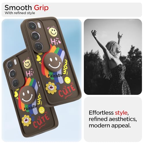 Image of Pikkme Back Cover for Oppo Reno 12 Pro 5G | Soft Silicone| Cute Rainbow Smile & 3D Cartoon Flower Design | Shockproof Raised Camera Protection Bumper Case (Brown)