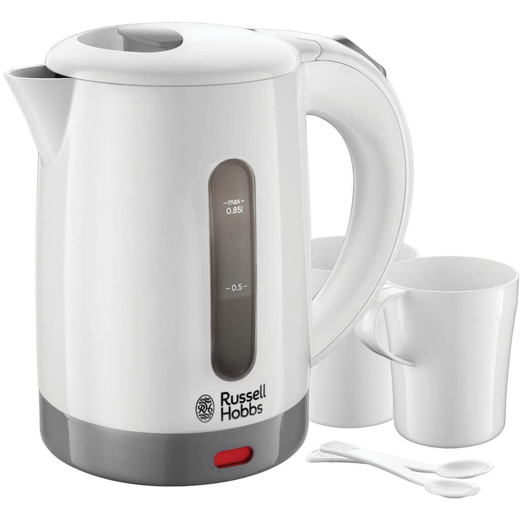 Russell Hobbs czajnik elektryczny, wymienny filtr antywapienny, kontroler otter,podróżny, w zestawie 2 kubki, plastik, pojemność 0,85l, moc 1000W, biały, Travel 23840-70