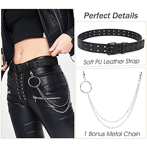 Women's Double Grommet Punk Belt with Chain Genuine Leather for Jeans2