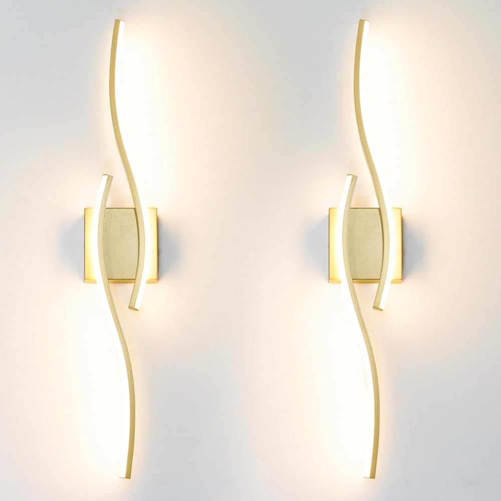 Daunton Modern Gold Wall Light Fixture Set of 2, RC Dimmable LED Wall Light Indoor, LED Wall Decor for Hallway Bedroom Living Room, Hardwired Wall Sconce with Remote Control, 27.56" in, Timer, Memory